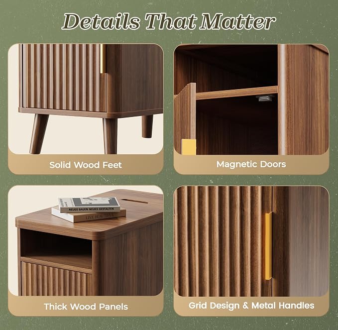 Huuger Narrow End Table with Charging Station, USB-C Port | Fluted Nightstand - Image 9