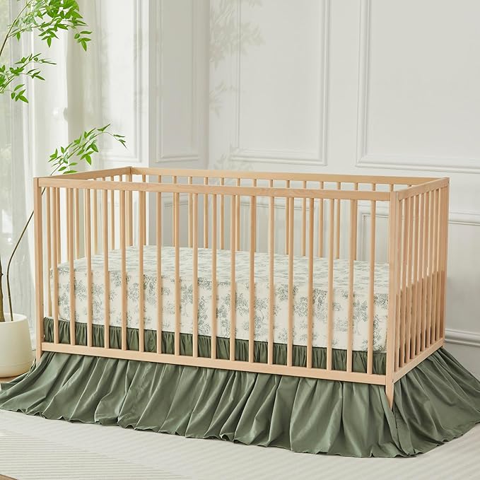 Brandream Crib Bed Skirt for Baby Girls Boys Gray Boho Bohemian Neutral Solid Cotton Toddler Bedskirt Farmhouse Chic Ruffle, Vintage Green