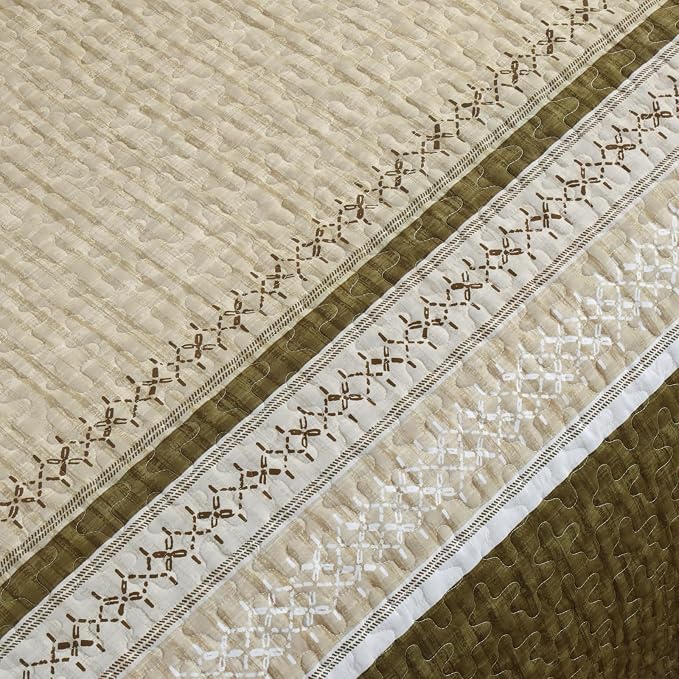 Cottolester Brown Quilt Set Full, Soft Striped Texture Bedspread 3 Pcs | - Image 5