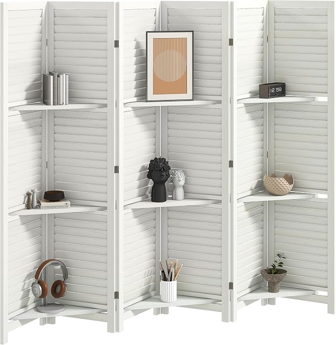 HOMCOM Room Divider with Shelves 6 Panel 67" Wood Screen White | Wood Privacy by HOMCOM