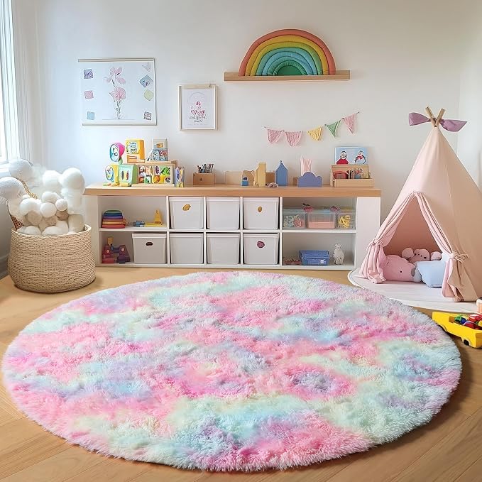 Rainbow Round Area Rug 4ft, Soft Bedroom Circle Rugs Mats - Image 4