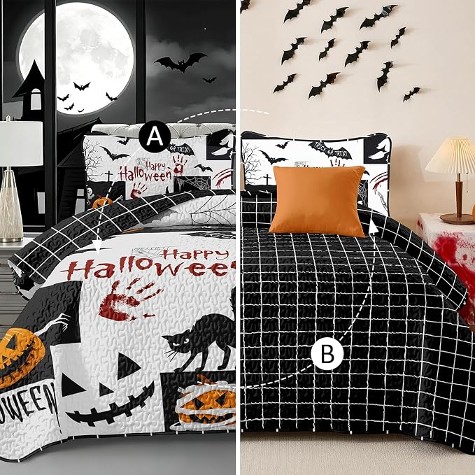 WONGS BEDDING Halloween Quilts King Size, King 110"x90", Reversible Grid Design - Image 5
