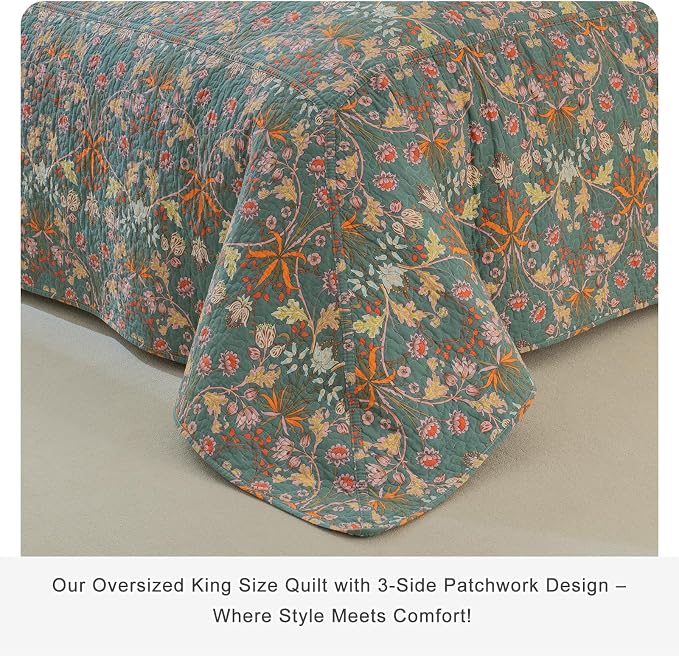 QSH 3Pcs Oversized King Quilt Bedspread Set-100% Cotton Floral Quilt California - Image 2