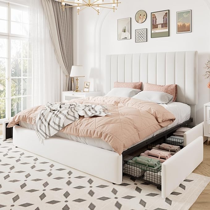 Allewie Full Size Storage Bed Frame, Vertical Channel Tufted Adjustable Headboard, Velvet Upholstered Platform Bed with 4 Oversized Underbed Drawers, Wooden Slats Support, No Box Spring Needed, White