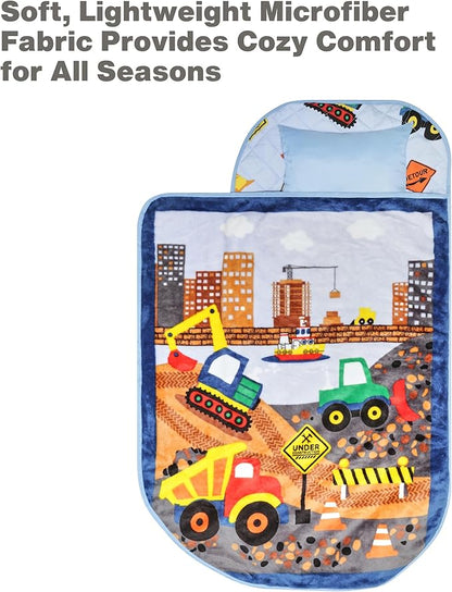 EVERYDAY KIDS Cute Preschooler and Toddler Cot Nap Mat for Home, Daycare, Preschool and Kindergarten; Easy to Roll Sleeping Mat with Elastic Straps, Pillow and Blanket