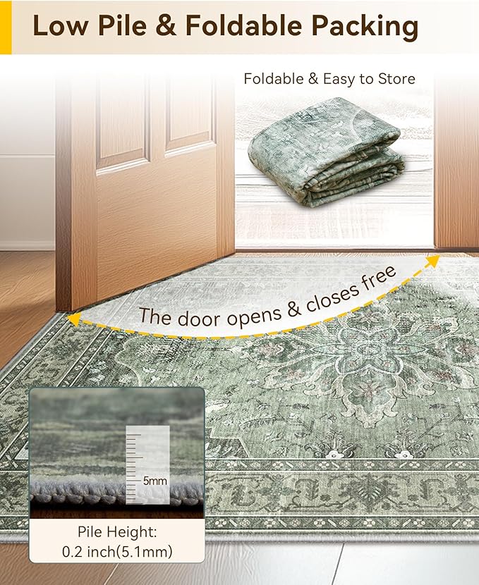 Area Rugs 7'x10' Washable Non-Slip, Floral Vintage Distress Print Pattern Medallion Carpet for Living Room Bedroom Dining Room, Dark Green Gray