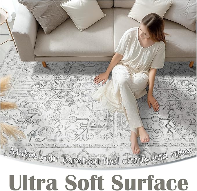jinchan Lima Runner Rug 2x5 Washable Hallway Runner - Vintage Floral Non Slip Low-Pile Soft Ultra-Thin Kitchen Rug Distressed Carpet for Farmhouse Bedroom Entryway Laundry Room (2x5ft, Grey)