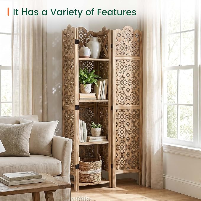 Svimi Wood Room Divider with 4-Tier Shelves, 4 Panel Privacy Screen | 4-panel - Image 5