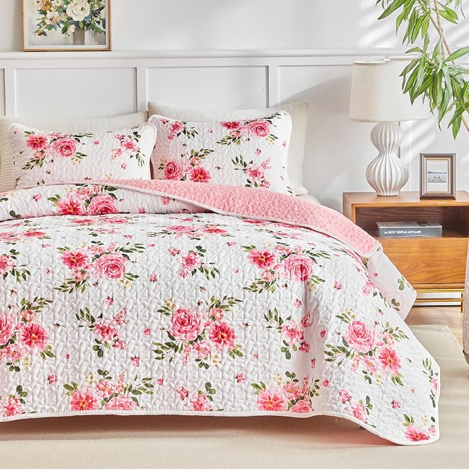UOZZI BEDDING Pink White Floral Quilt Set 3 Pieces Queen Size Pink Flower Soft - Image 2