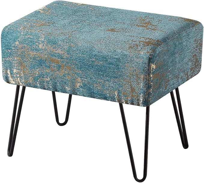 Home Soft Things Blue Jacquard Chenille Ottoman, Kasula-Turquoise, Fuzzy Entry by HomeSoftThings