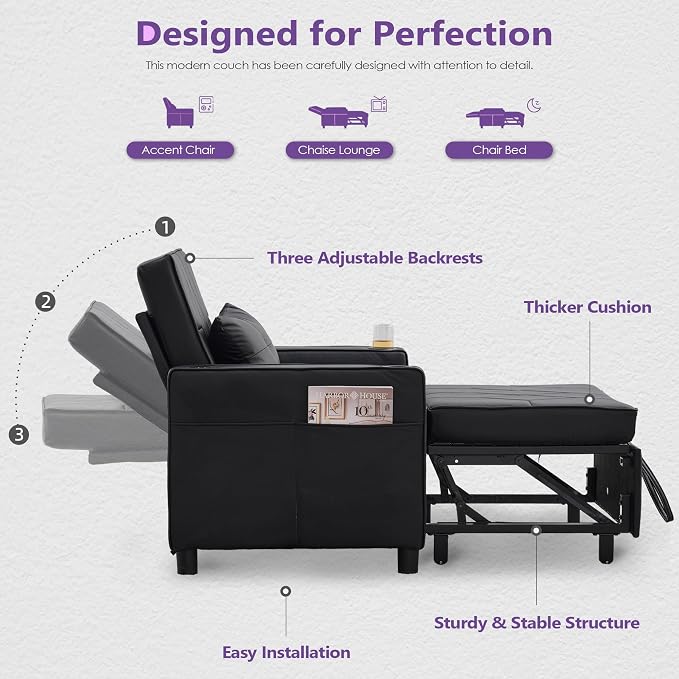 Faux Leather Convertible Sleeper Chair Bed, Single Pull Out Sofa, USB & Type-C - Image 7