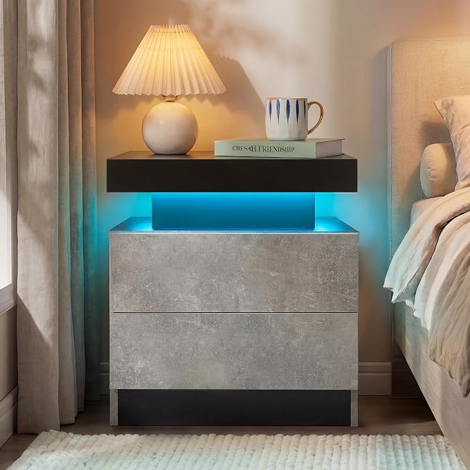 LED Nightstand with Wood 2 Drawers Modern Bedside Table - Image 3