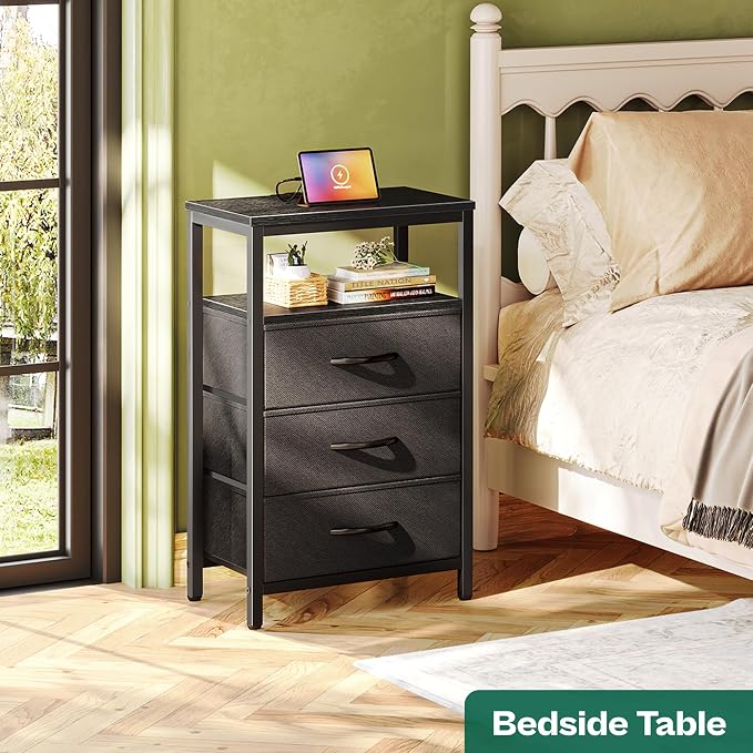 Huuger Nightstand with Charging Station, 27.6 Inch Bedside Table, Side Table | - Image 2