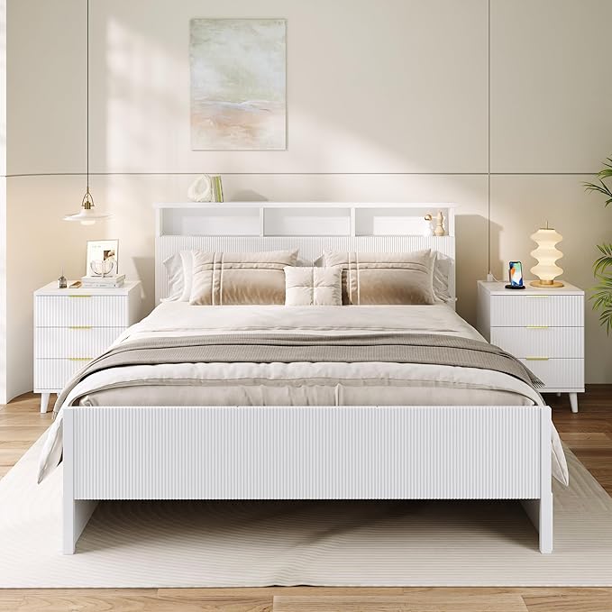Fluted White Night Stand Set of 2 with USB Charging Station, 3-Drawer Dresser Wood Modern Bedside Table with Quiet Drawers & Large Storage End Table for Bedroom