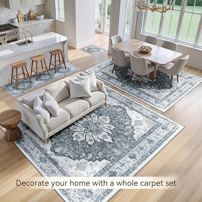 Area Rugs 5'x8' Washable Non-Slip, Floral Vintage Distress Print Pattern Medallion Carpet for Living Room Bedroom Dining Room, Light Gray Grey White