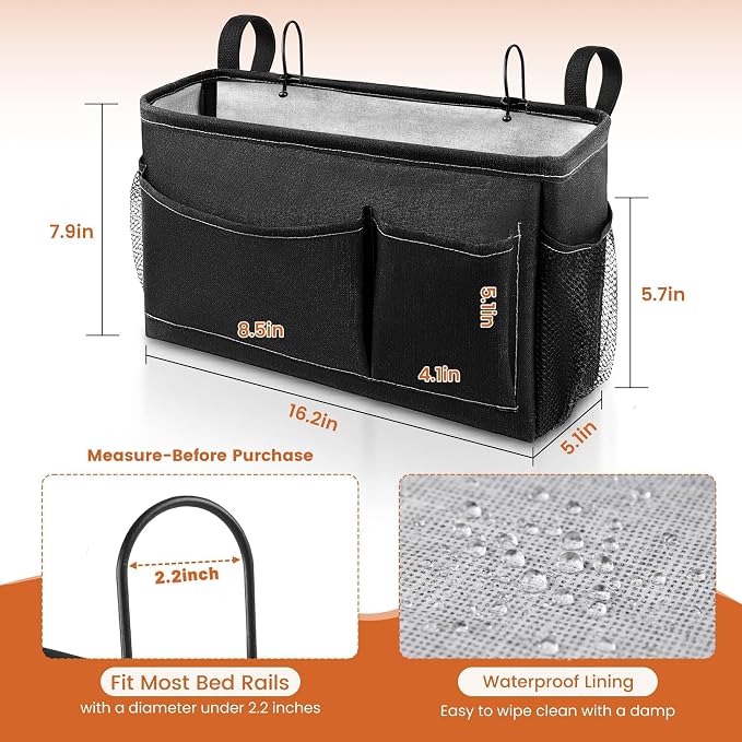 Bedside Caddy for Dorm Bed, Bedside Storage Bag Hanging Organizer | Metal Frame - Image 4