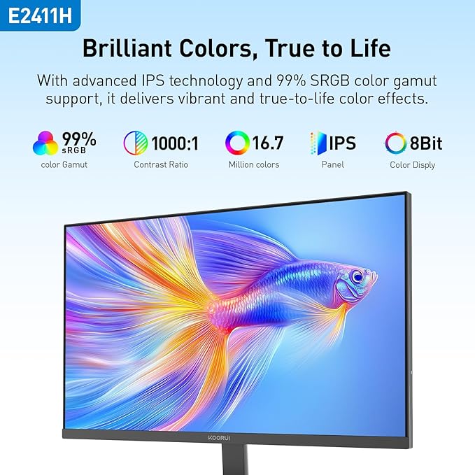 KOORUI 24-inch 120Hz Gaming Monitor IPS FHD (1920 x 1080P) sRGB 99% Support Freesync Computer Monitors VESA Mount HDMI & VGA Ports E2411H