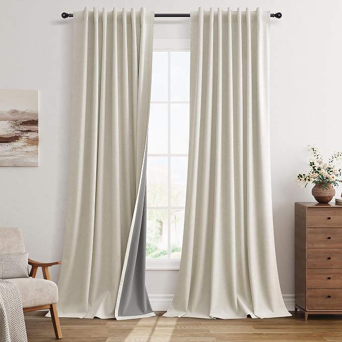 Warm Beige Linen Curtains 100% Blackout Curtains 108 Inches Long 2 Panels Set by Guken