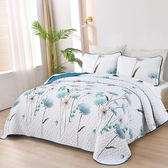 Dinjoy Teal Quilt Set California King Size, Cute Flower Bedspread Bedding | 3 - Image 3