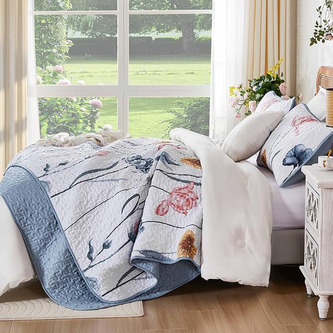 WONGS BEDDING King Size Quilt Set, 3-Piece Lightweight Botanical Bedspread | - Image 3