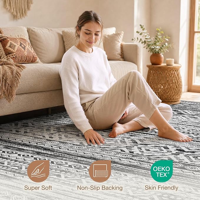 cotiled 10x13 Area Rugs Washable Boho Living Room Rug White/Black | Solve - Image 3