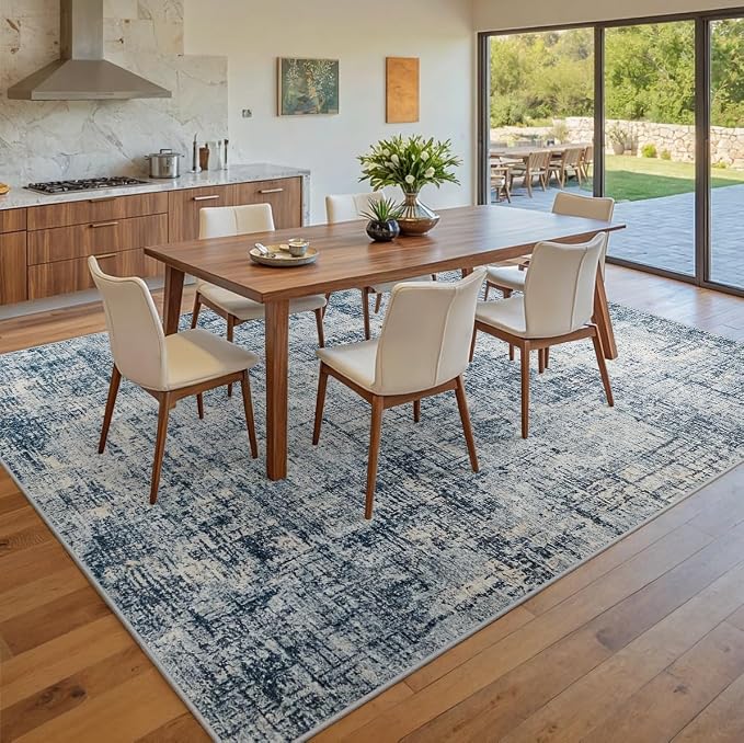 9x12 Washable Area Rug for Living Room Bedroom: Non-Slip Modern Blue Gold | - Image 8