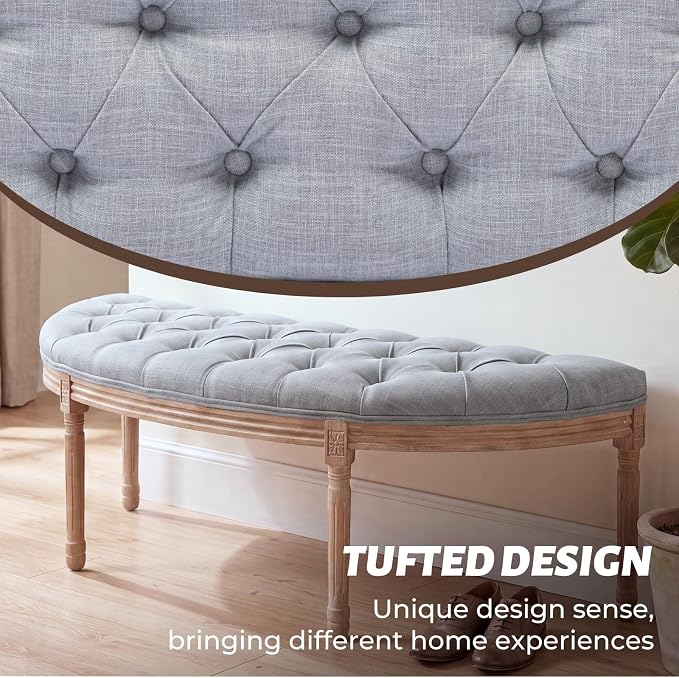 chairus 55" Button Tufted Semi-Circle Dining Bench Linen Halfmoon Entryway - Image 4