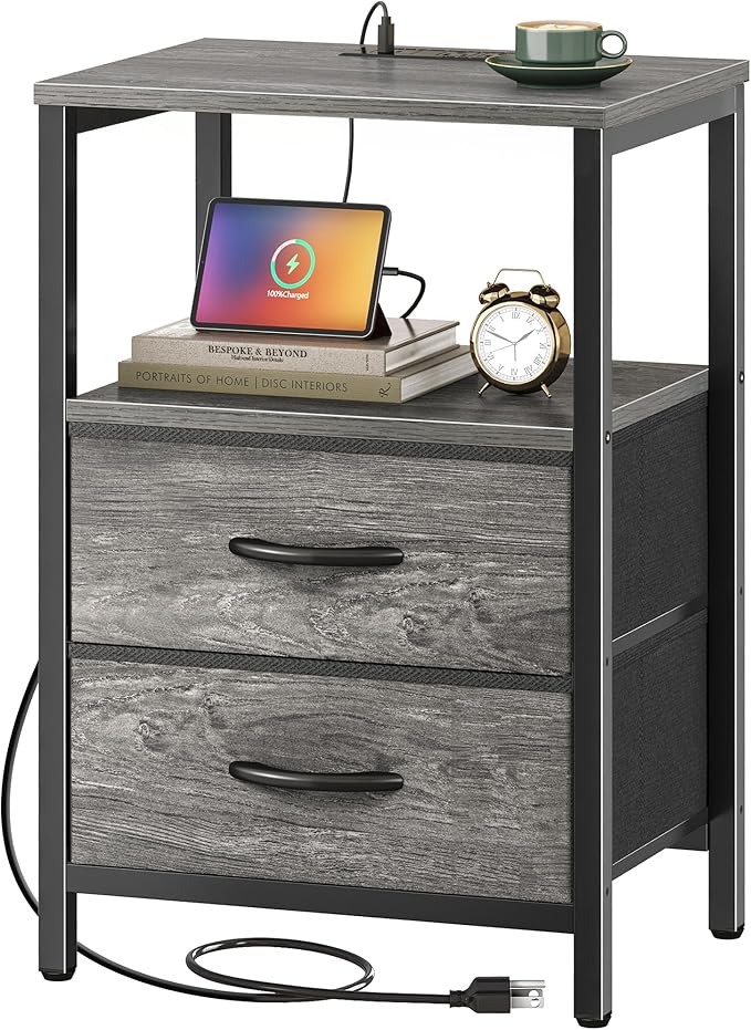 Huuger Nightstand with Charging Station, Side Table with Fabric Drawers | End by Huuger