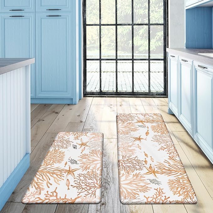 Kitchen Mats for Floor Cushioned Anti Fatigue Sets of 2 Coastal Kitchen Rugs Non Slip Waterproof Nautical Foam Kitchen Floor Rug Beach Theme Coral Fish Comfort Standing Mat for Sink Laundry, Coral