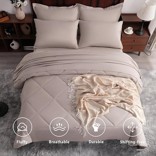 NTBAY Queen Comforter Set with Sheets, 7 Pieces Soft and Breathable Queen Bedding Set, Bed in a Bag, Down Alternative Comforter Set Solid Color All Season, Queen Bedding Set, Taupe