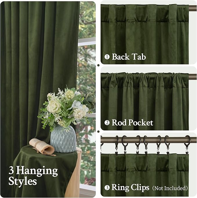 LAMIT Olive Green Velvet Blackout Curtains 78 Inch, Vintage Thermal Insulated Room Darkening Drapes for Living Room Back Tab and Rod Pocket Privacy Window Panels for Bedroom, 2 Panels, 52 x 78 Inch