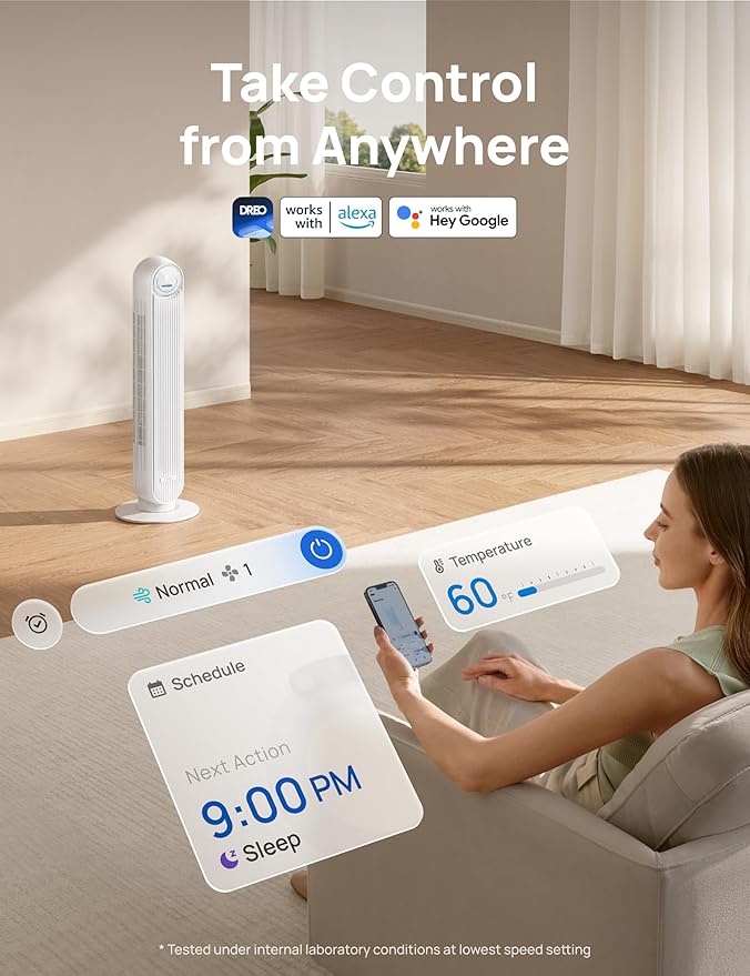 Dreo Tower Fan for Bedroom, 25ft/s Smart Standing Fans, 90° Oscillating Floor Fan with 4 Modes, 4 Speeds, 8H Timer, 28dB, Bladeless, Remote, 28 dB, Works with WiFi Voice Control