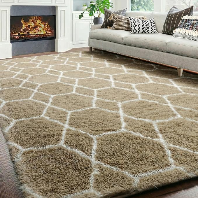 7x9 Area Rugs for Living Room Bedroom, Large Fluffy Beige and White Throw Rug - Image 6
