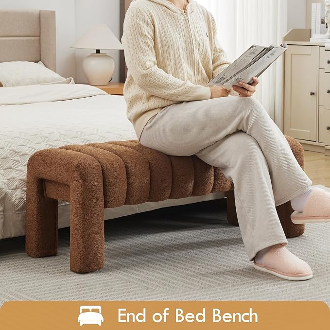 43" Upholstered Boucle Bench, Rust Brown | Padded Ottoman Bench, Sherpa Window - Image 9
