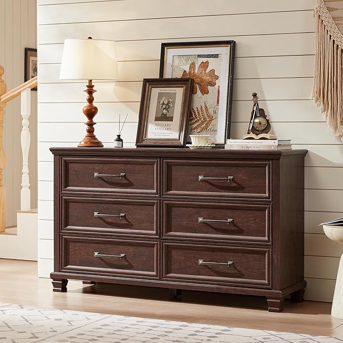 Farmhouse Espresso 6 Drawer Dresser for Bedroom, 54 inch Wide Vintage Large Chest of Drawers with Wood Legs, Rustic TV Console for Living Room, Walnut Wooden Storage Closet Dressers