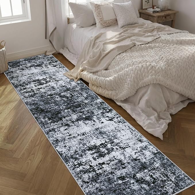 3x14 Washable Runner Rug：Modern Abstract Kitchen Carpet Black | - Image 2