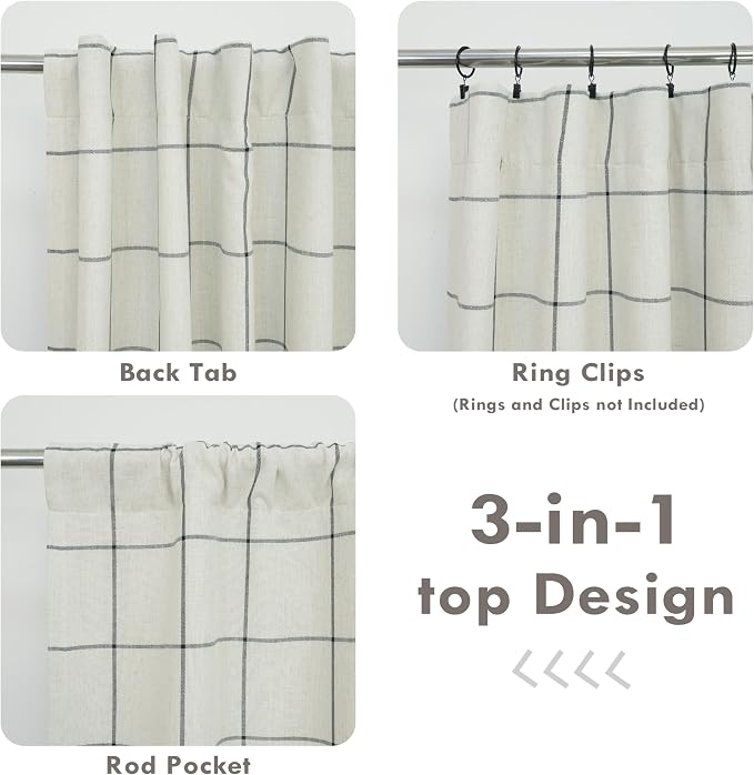 DriftAway 100% Blackout Plaid Linen Curtains 96 Inches Long 2 Panels Black | - Image 7