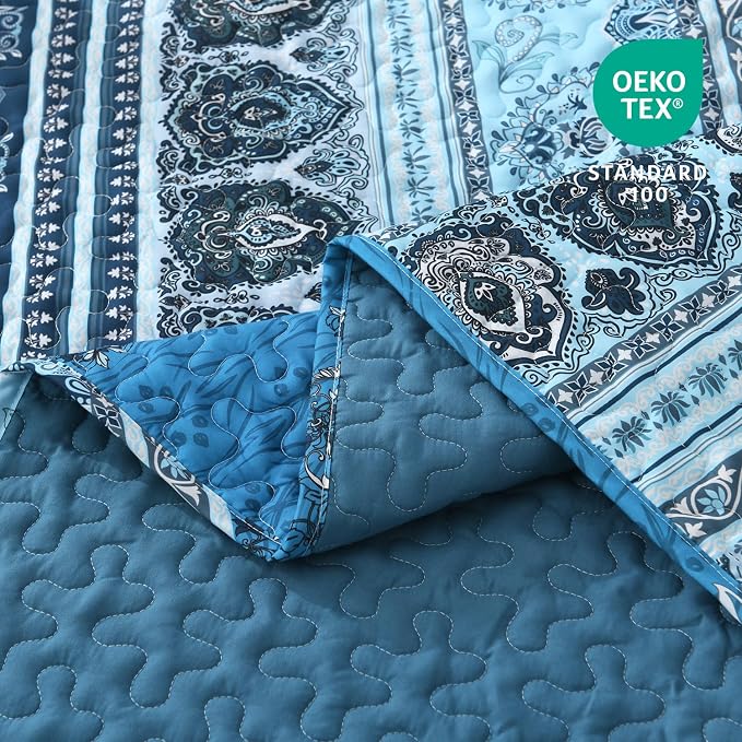 Blue King Size Quilt Set, 3 Pieces Boho Striped Bedspread | Soft Lightweight - Image 5