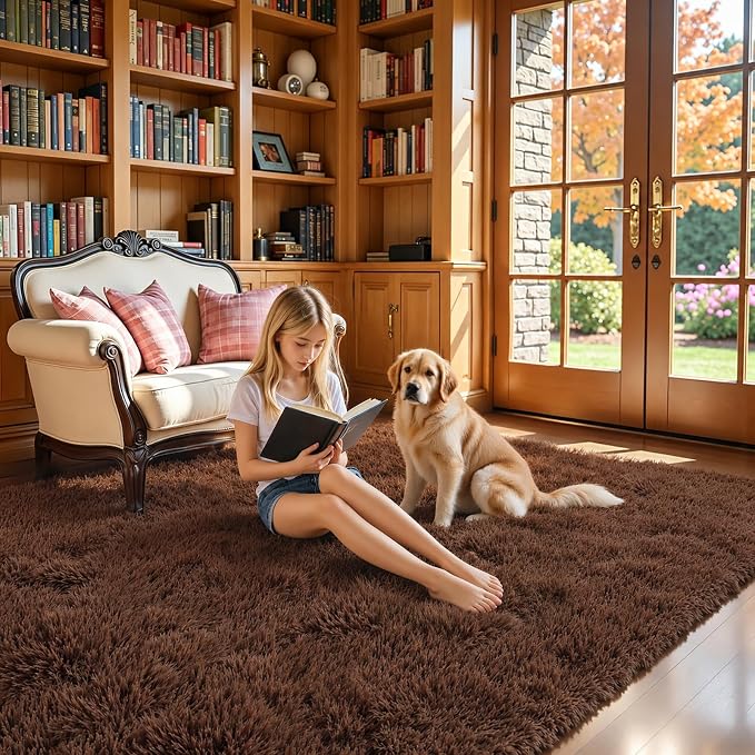 4x6 Area Rugs for Bedroom, Coffee Soft Fluffy Shag Bedside Rugs | Non-Slip - Image 3