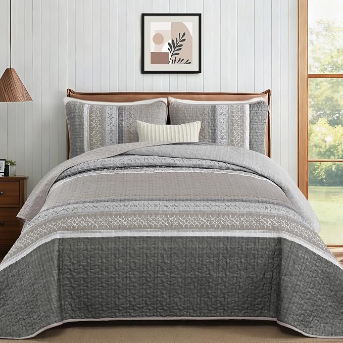 Cottolester Quilt Set Queen, Taupe Grey Striped Patchwork Bedspread | Modern by Cottolester