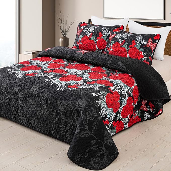 Yiran Black Floral Quilt Set King Size, 3 Pieces Botanical Quilt Set | Summer - Image 2