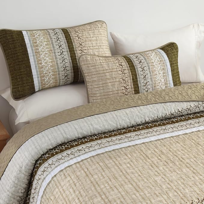 Cottolester Brown California King Quilt Set, Striped Texture Bedspread 3 Pcs | - Image 9