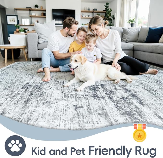 10x14 Washable Area Rug for Living Room Bedroom: Non-Slip Modern Black Grey | - Image 4