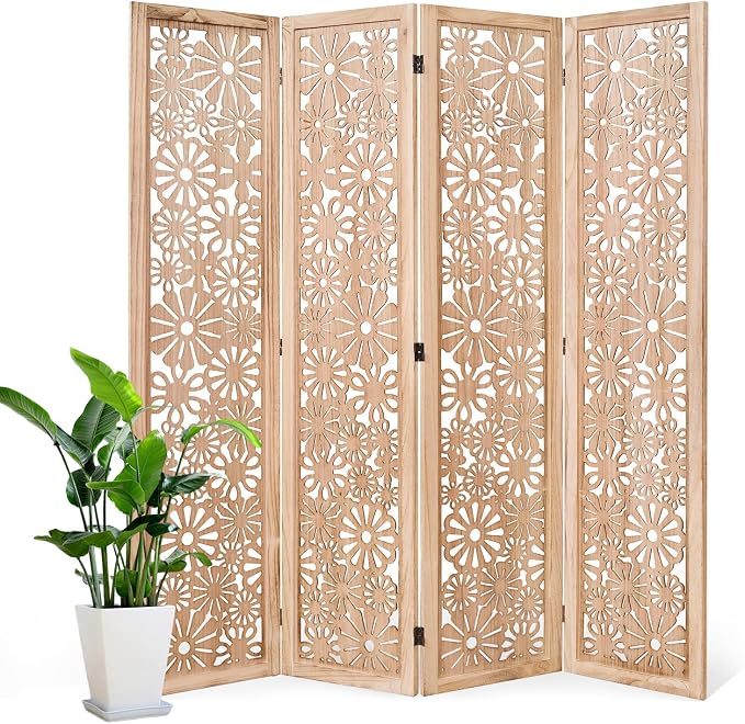 Folding Wood Room Divider Panel, 67 Inch Tall Daisy-Carved Privacy Screen by Svimi