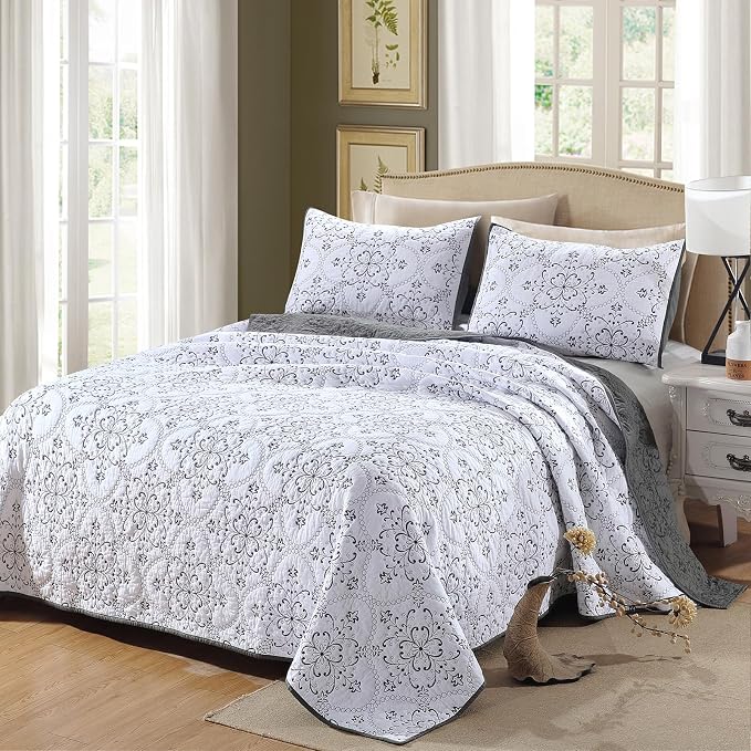 ROOMLIFE Quilt Set King Size 3D Floral Embroidery Pattern 3-Piece Cotton by ROOMLIFE