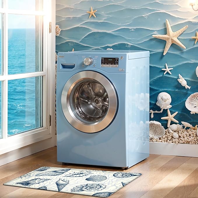 Kitchen Mats for Floor Cushioned Anti Fatigue Sets of 2 Beach Theme Kitchen Rugs Non Slip Waterproof Coastal Foam Kitchen Floor Rug Nautical Coral Seashell Comfort Standing Mat for Sink Laundry, Navy
