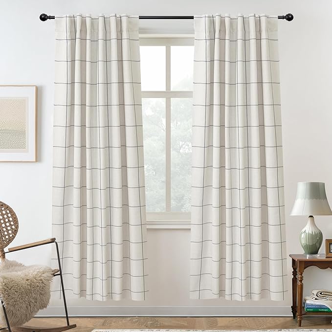 DriftAway 100% Blackout Plaid Linen Curtains 72 Inches Long 2 Panels Gray | by DriftAway