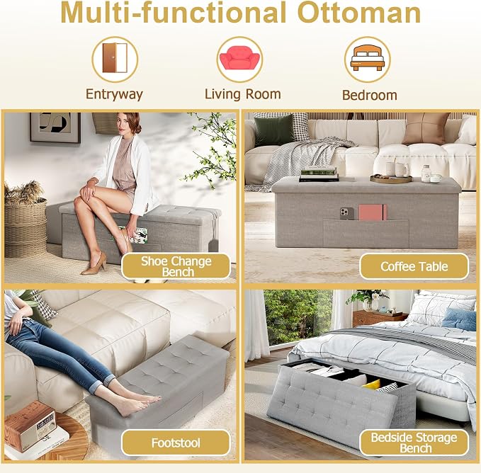 43" Folding Storage Ottoman Bench, End of Bed Foot Rest Stool - Image 7