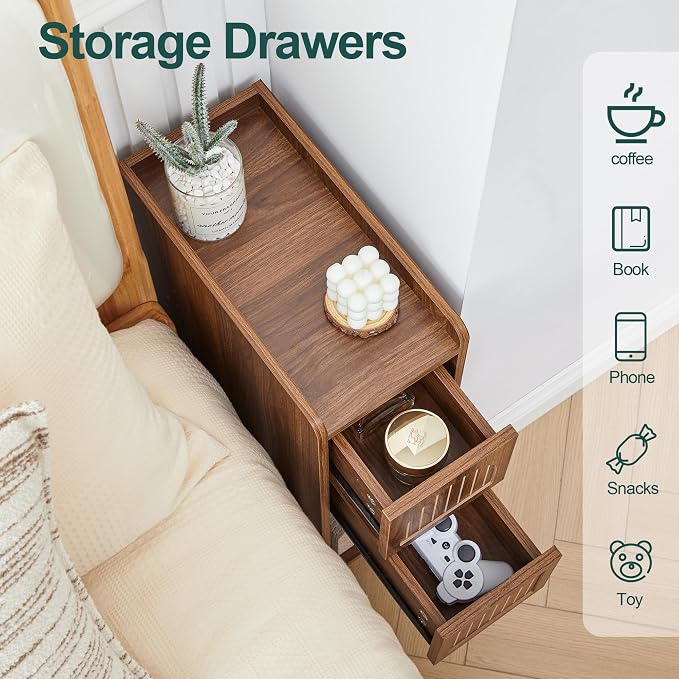 Narrow Nightstand Set of 2, Wooden Small 2 Drawer Nightstand, Slim Side End - Image 6