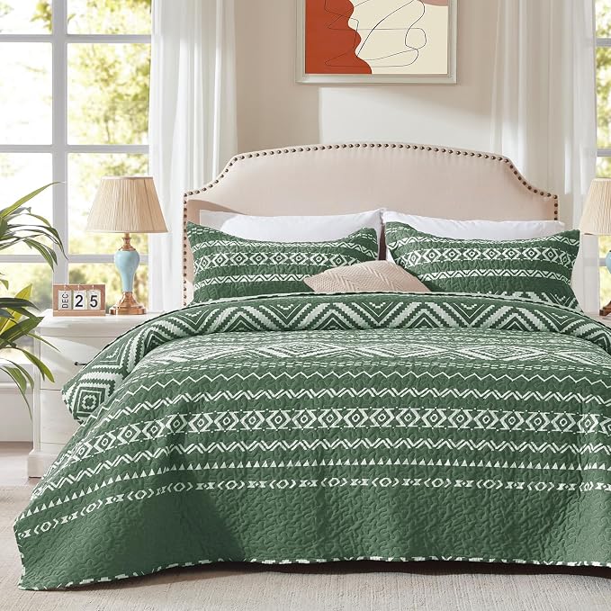 3 Pieces Full Queen Size Olive Green Quilt Set - Image 2